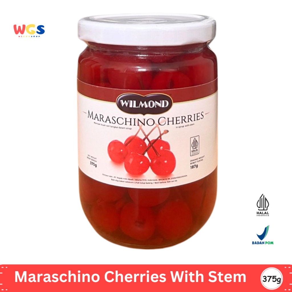 WILMOND Maraschino Cherries with Stem 375g – Ceri Merah Batang Topping Minuman & Dessert