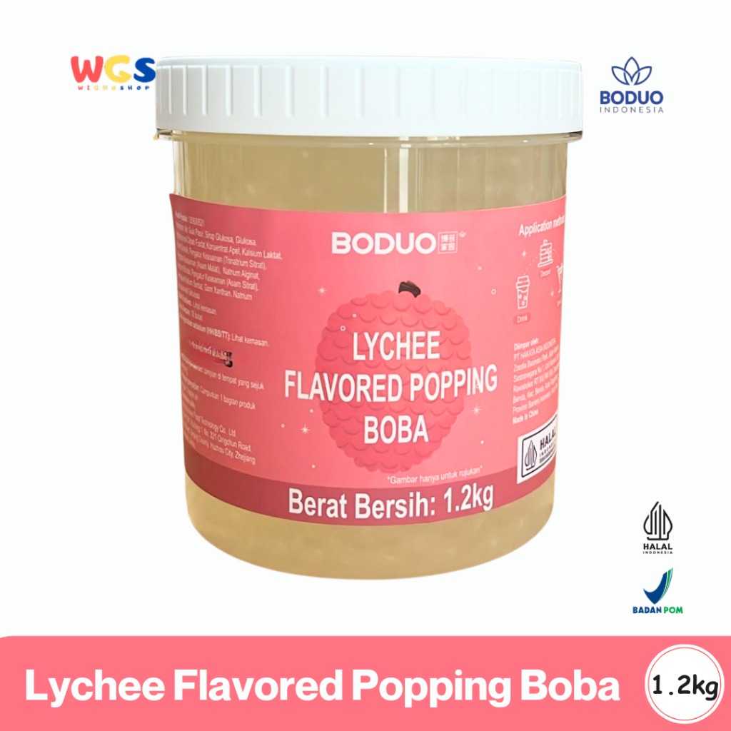 BODUO Lychee Flavored Popping Boba 1.2kg - Boba Rasa Leci Siap Pakai untuk Minuman dan Dessert
