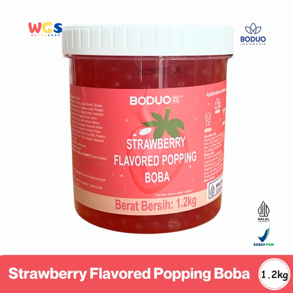 BODUO Strawberry Flavored Popping Boba 1.2kg - Boba Rasa Stroberi Siap Pakai untuk Minuman Dessert